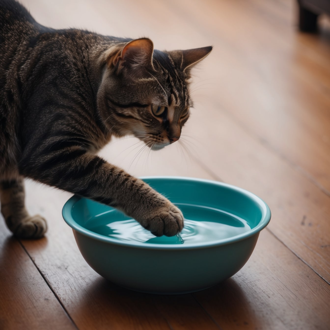 chat qui met la patte dans sa gamelle d'eau