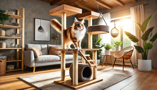 chat maine coon sur son arbre a chat dans le salon design