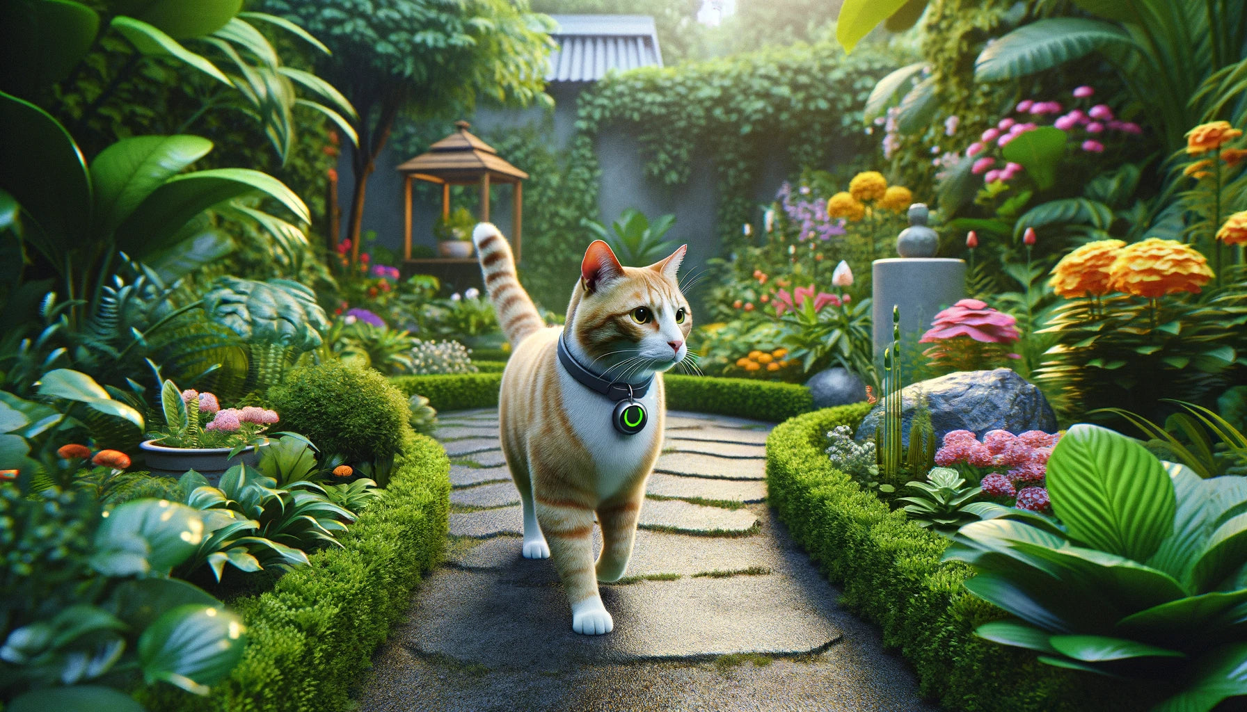 chat qui marche dans un jardin exotique