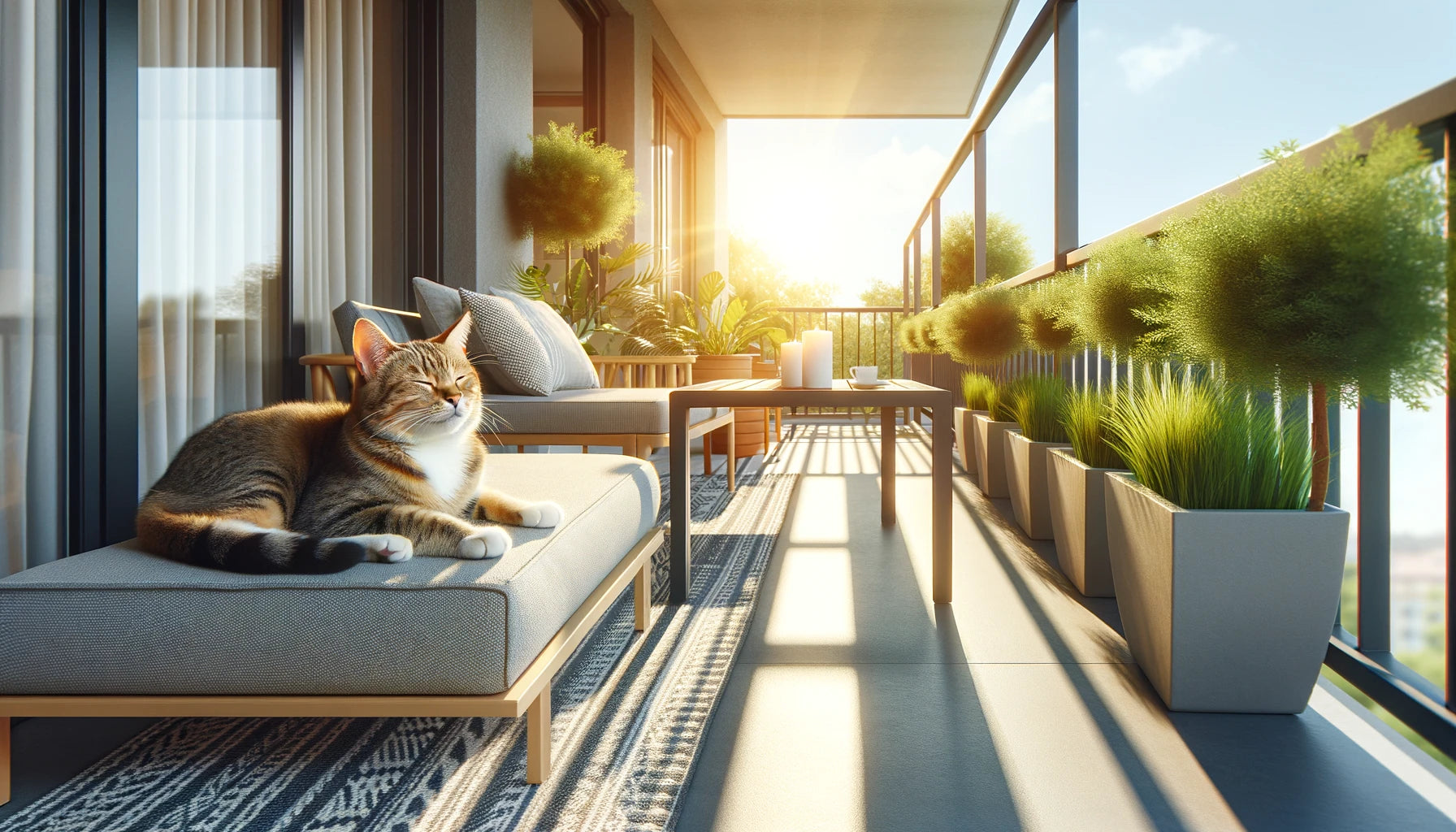 chat sur un balcon qui profite du soleil