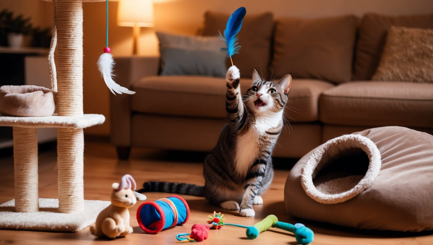 chat heureux avec jouets