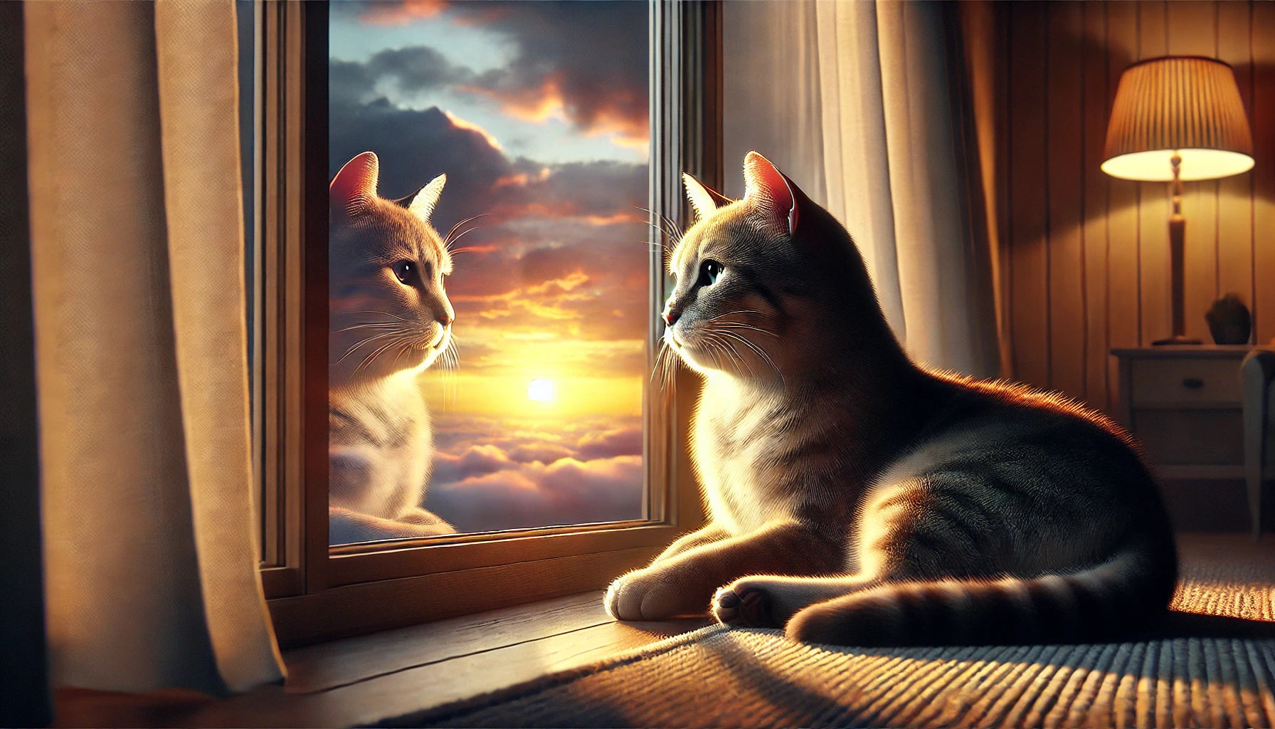 chat regardant par la fenetre donnant sur un coucher de soleil