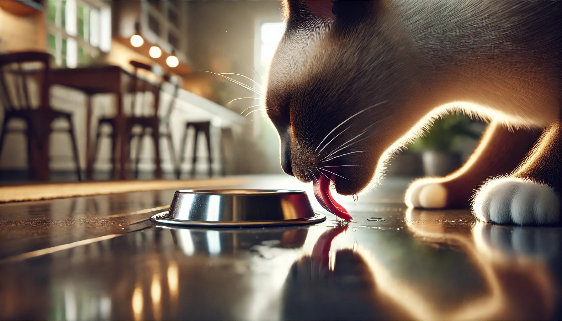 chat siamois qui boit dans une gamelle d'eau fraîche