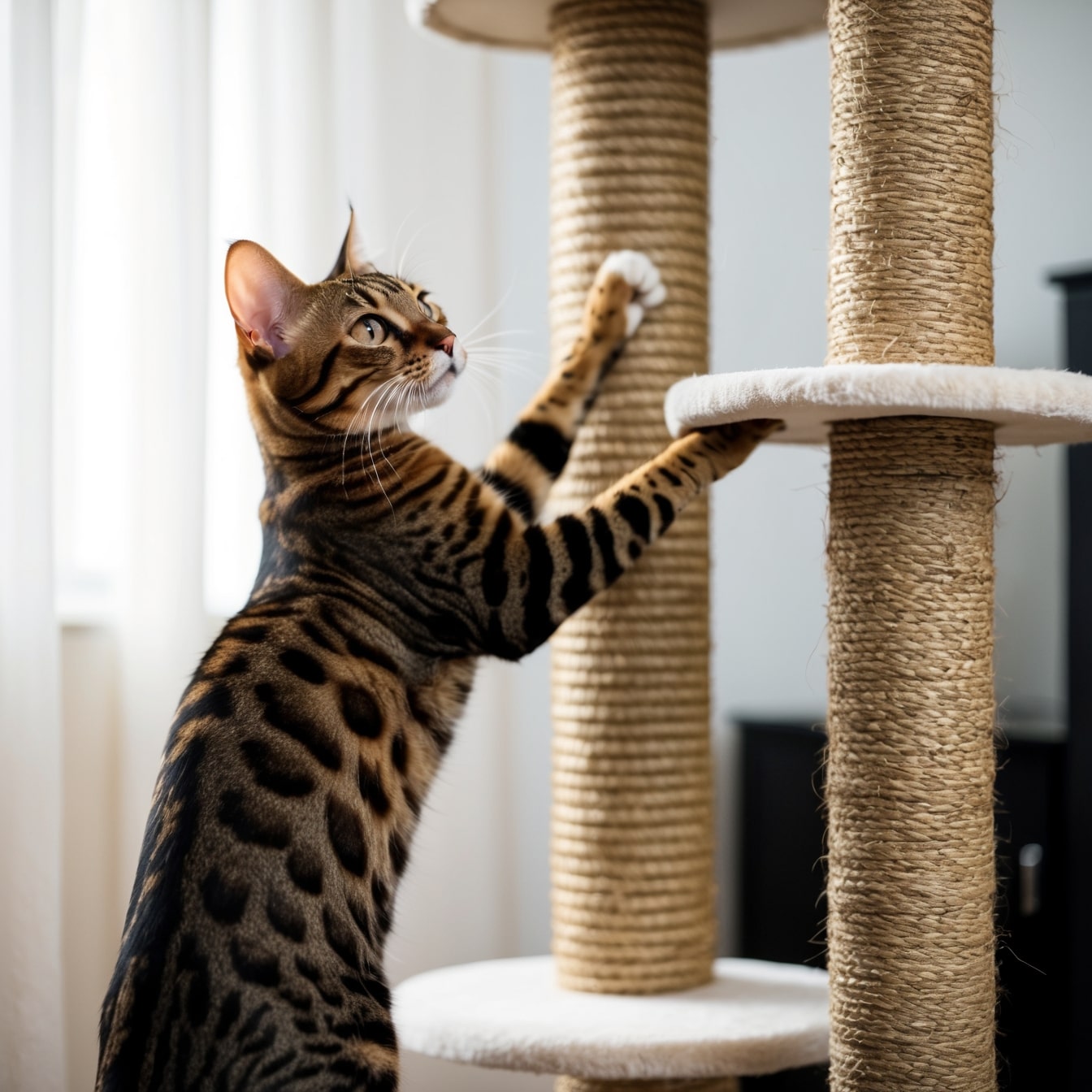 chat du bengal sur un arbre à chat