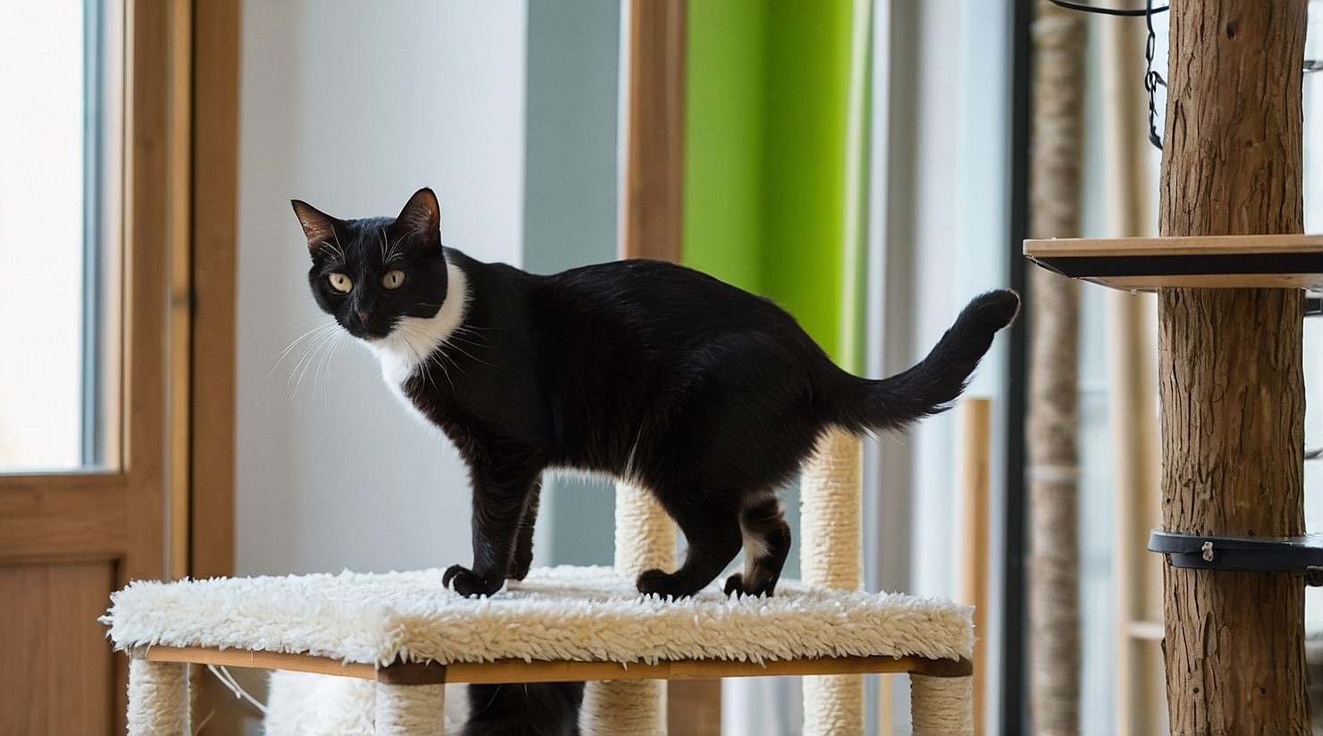 un chat noir sur un arbre à chat